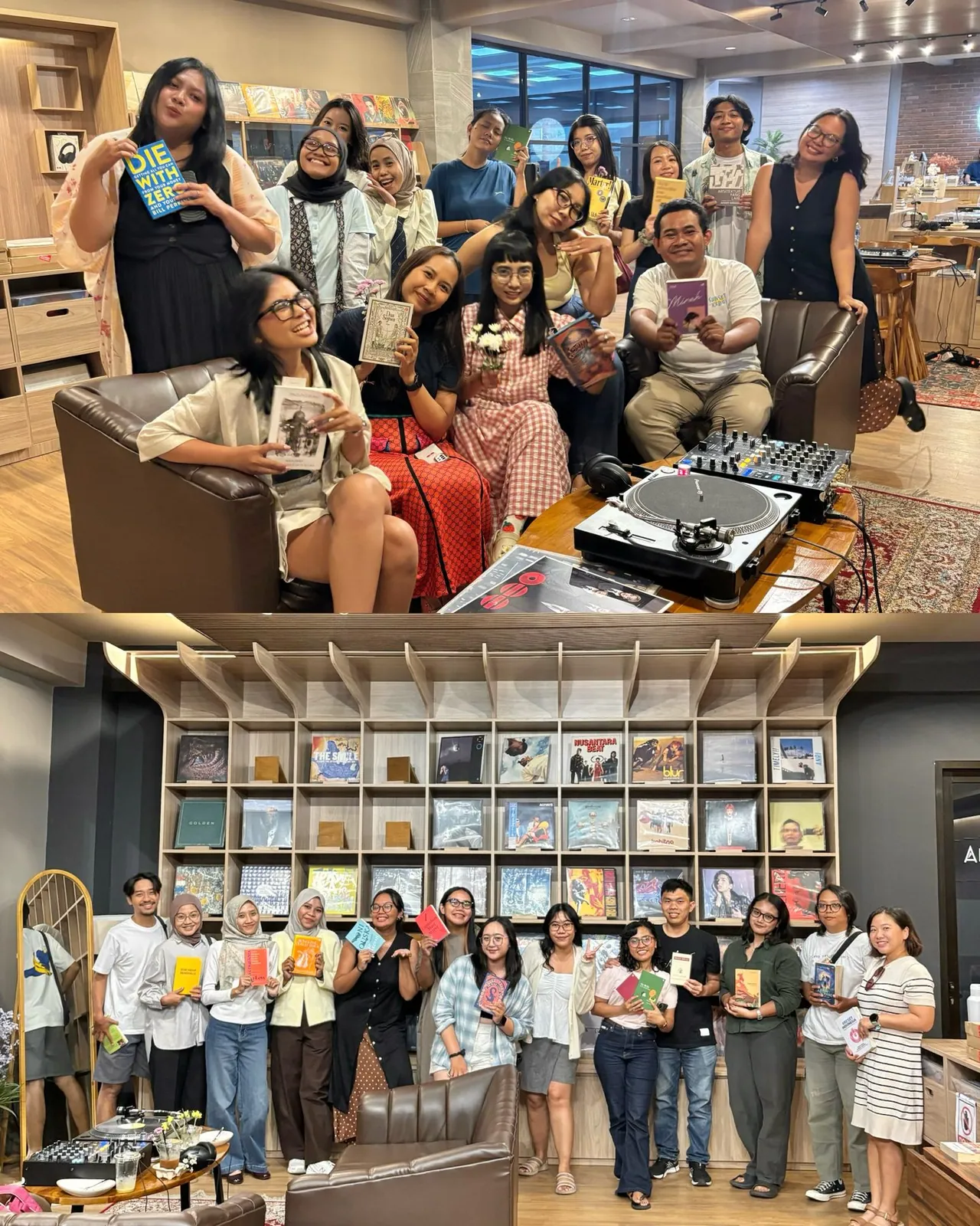 Foto bersama peserta Vinyl Book Club memegang buku masing-masing.